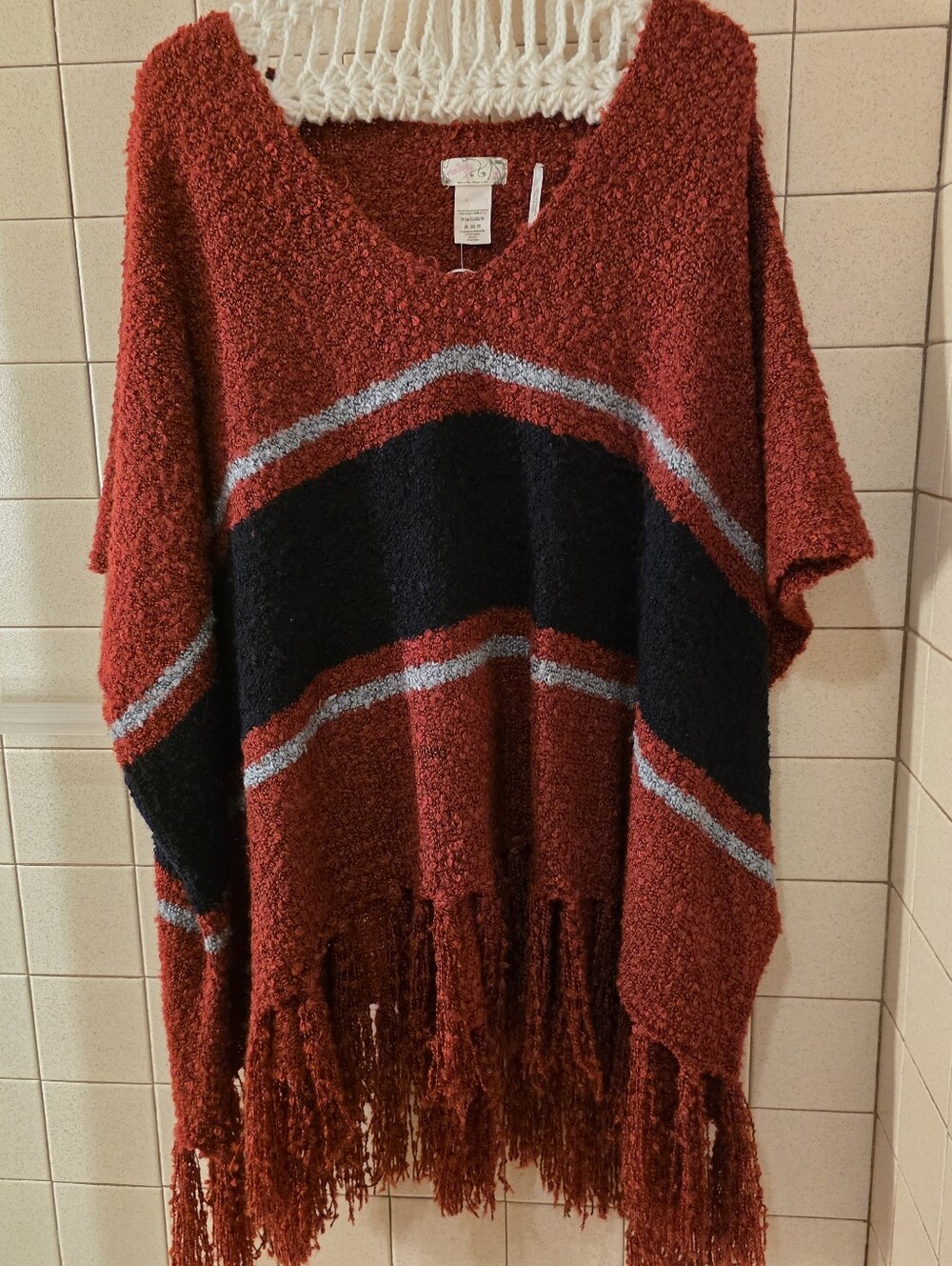 Free People Rust Red Navy & Light Gray Striped Fringe Poncho